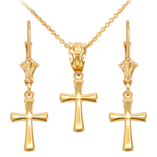 14k Yellow Gold Rounded Mini Cross Necklace Earring Set