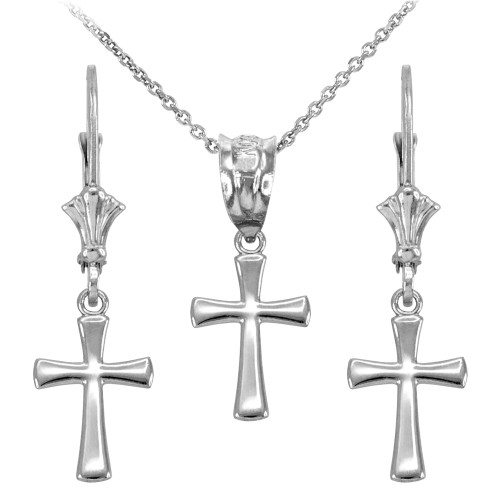 Sterling Silver Rounded Mini Cross Necklace Earring Set