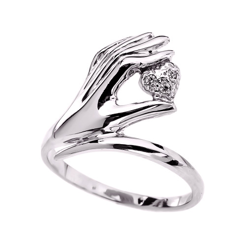 White Gold hand Holding Heart Diamond Ladies Ring