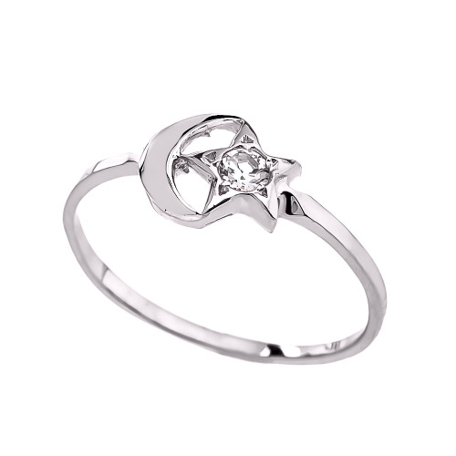 White Gold Crescent Moon and Star CZ Ring