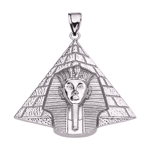 White Gold Detailed Egyptian Pyramid King Tut (Tutankhamun) Pendant Necklace