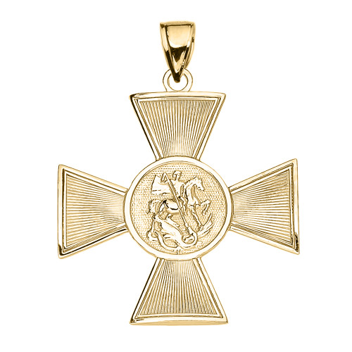 Yellow Gold Saint George Russian Cross Pendant Necklace
