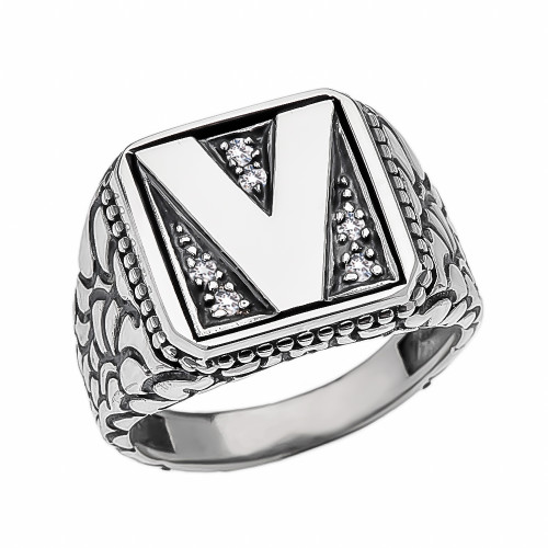 Sterling Silver Diamond Men's Initial "V" Nugget Ring