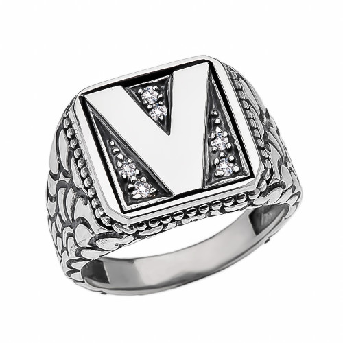 Sterling Silver CZ Men's Initial "V" Nugget Ring