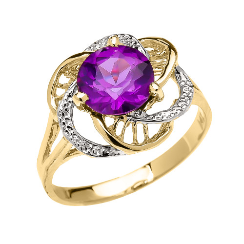 Yellow Gold Amethyst Solitaire Modern Flower Ladies Ring