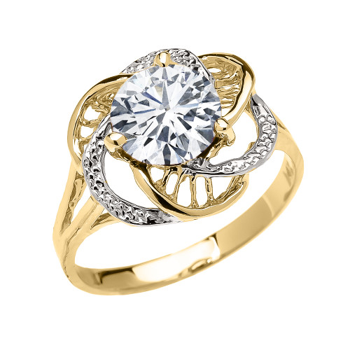 Yellow Gold Cubic Zirconia Solitaire Modern Flower Ladies Ring