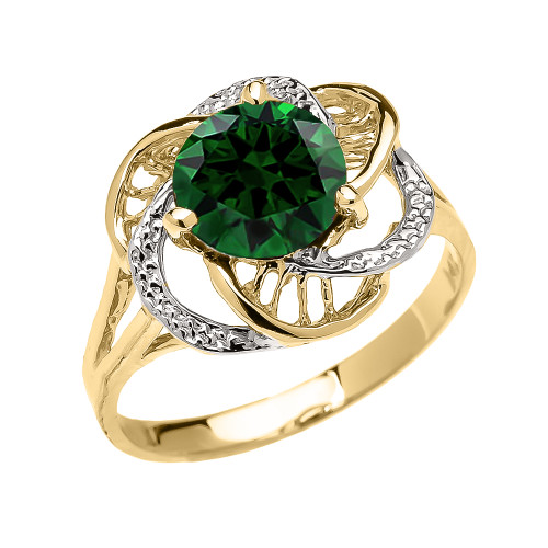 Yellow Gold  (LCE) Emerald Solitaire Modern Flower Ladies Ring