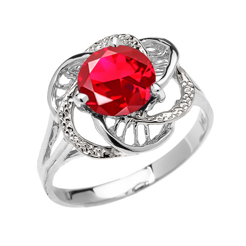 White Gold (LCR) Ruby Solitaire Modern Flower Ladies Ring