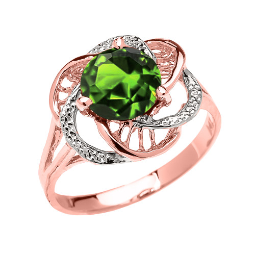 Rose Gold CZ Peridot Solitaire Modern Flower Ladies Ring