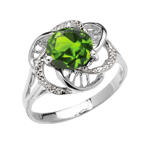 White Gold CZ Peridot Solitaire Modern Flower Ladies Ring