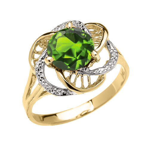 Yellow Gold CZ Peridot Solitaire Modern Flower Ladies Ring