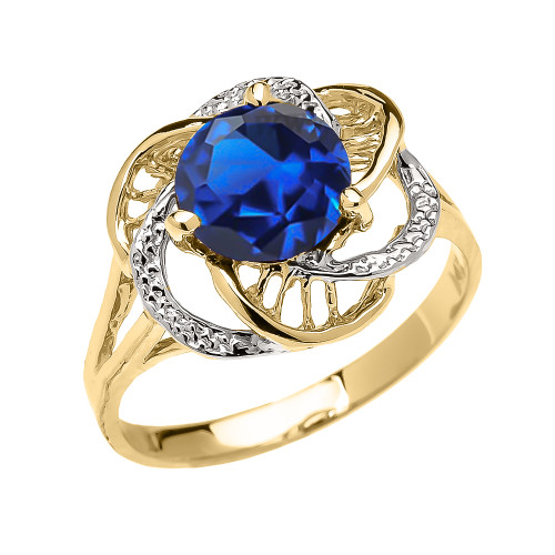 Yellow Gold CZ Sapphire Solitaire Modern Flower Ladies Ring