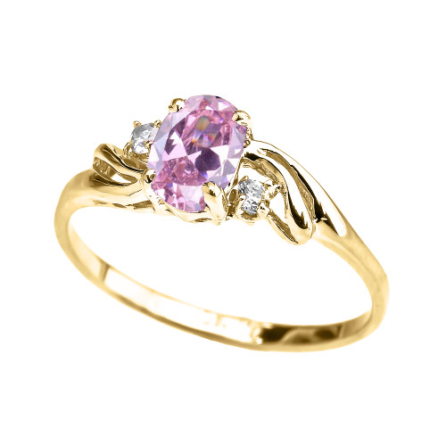 Yellow Gold CZ Pink Oval Solitaire Proposal Ring