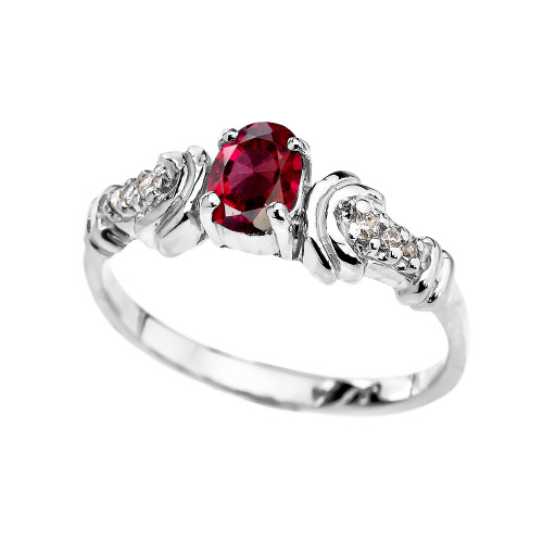 White Gold Diamond and Garnet Oval Solitaire Proposal Ring