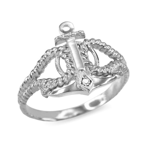 White Gold Diamond Accented Anchor Ring
