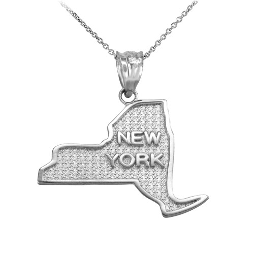 White Gold New York State Map Pendant Necklace
