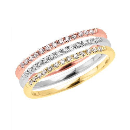 Tri Color Gold Elegant Diamond Stackable Rings