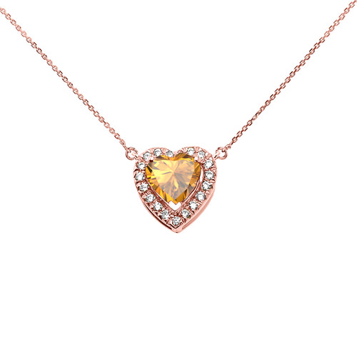 Elegant Rose Gold Diamond and November Birthstone Yellow Heart Solitaire Necklace