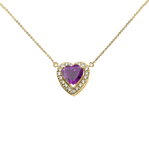 Elegant Yellow Gold Diamond and February Birthstone Amethyst Heart Solitaire Necklace