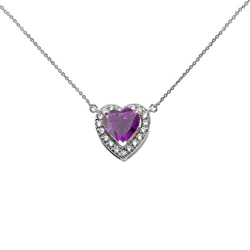 Elegant White Gold Diamond and February Birthstone Amethyst Heart Solitaire Necklace