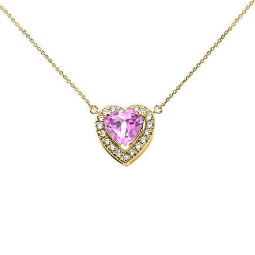 Elegant Yellow Gold Diamond and October Birthstone CZ Pink Heart Solitaire Necklace