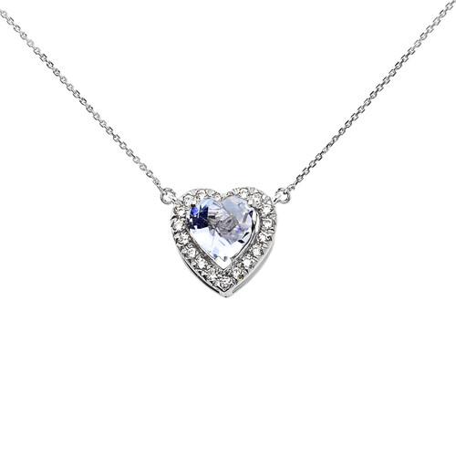 Elegant White Gold Diamond and March Birthstone Aquamarine Heart Solitaire Necklace