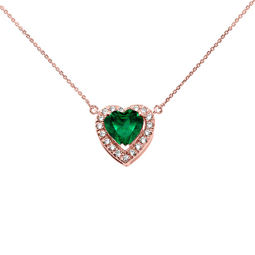 Elegant Rose Gold Diamond and May Birthstone (LCE) Emerald Heart Solitaire Necklace
