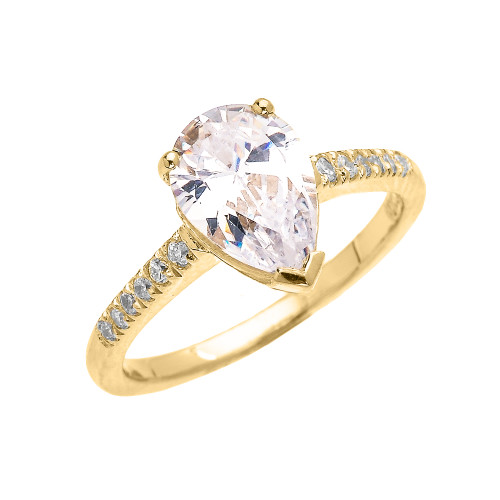 Yellow Gold Dainty Diamond Engagement Ring With 3 Carat Pear Shape Cubiz Zirconia Center Stone