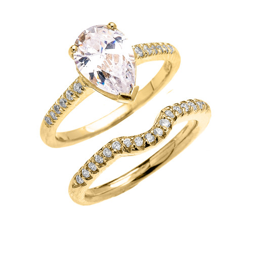 Yellow Gold Dainty Diamond Wedding Ring Set With 3 Carat Pear Shape Cubic Zirconia Center Stone