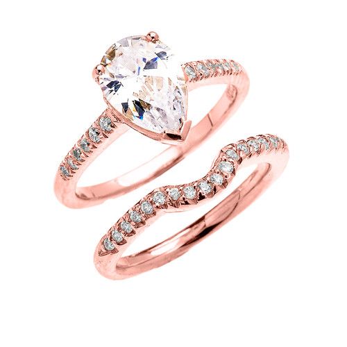 Rose Gold Dainty Diamond Wedding Ring Set With 3 Carat Pear Shape Cubic Zirconia Center Stone