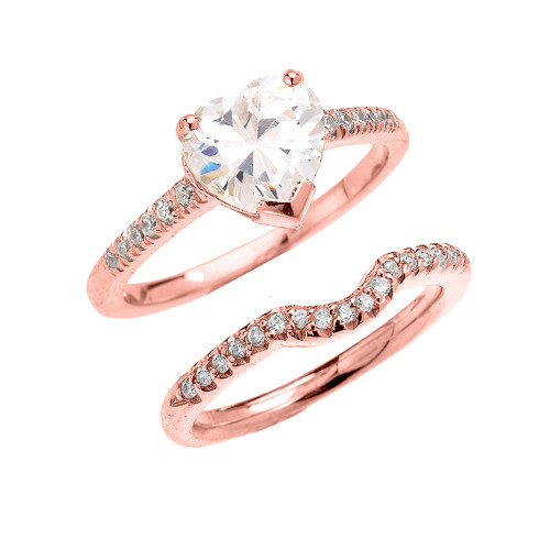 Rose Gold Dainty Diamond Wedding Ring Set With 3 Carat Heart Shape Cubic Zirconia Center Stone