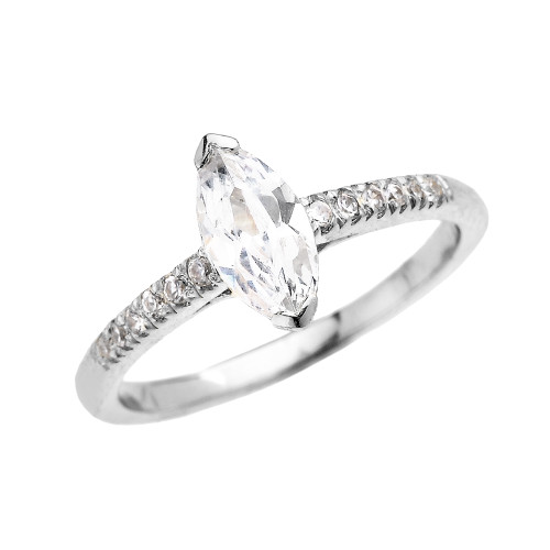 White Gold Dainty Diamond Engagement Ring With 1.25 Carat Marquise Shape Cubic Zirconia Center Stone