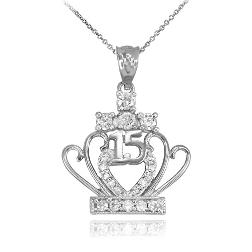 White Gold Quinceanera 15 Años CZ Pendant Necklace