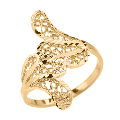 Gold Diamond Cut Filigree Leaf Ring