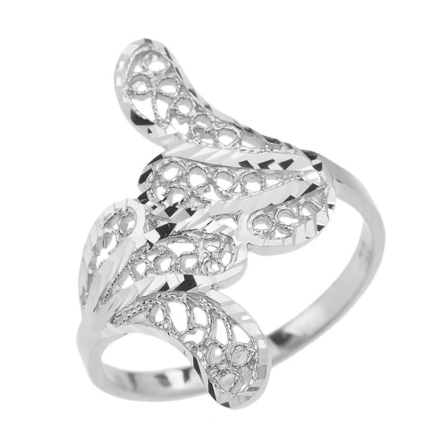 White Gold Diamond Cut Filigree Leaf Ring