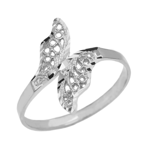 White Gold Diamond Cut Filigree Unique Leaf Wrap Ring