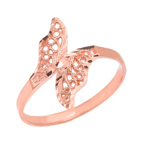 Rose Gold Diamond Cut Filigree Unique Leaf Wrap Ring