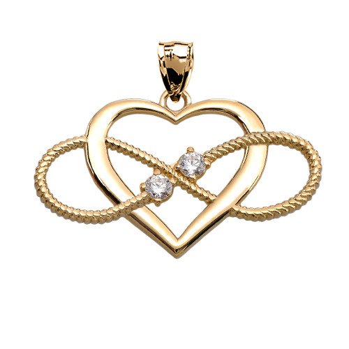 Heart and Infinity Yellow Gold and CZ  Rope Design Pendant Necklace