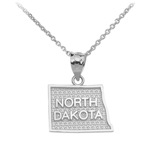 White Gold North Dakota State Map Pendant Necklace