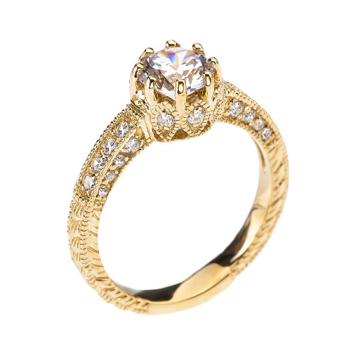 Art Deco Diamond Yellow Gold Engagement and Proposal Ring with 1 Carat White Topaz Centerstone