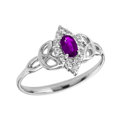 White Gold Diamond and Oval Amethyst Trinity Knot Proposal Ring