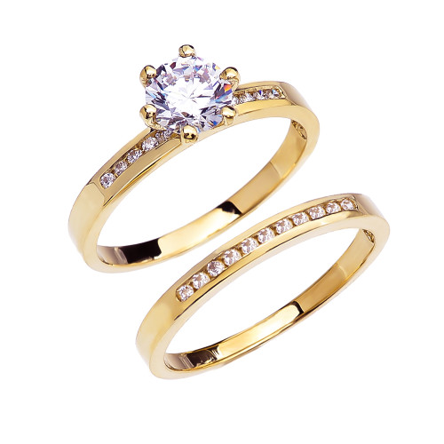 Diamond Channel-Set Yellow Gold Engagement And Wedding Ring Set With 1 Carat White Topaz Center stone