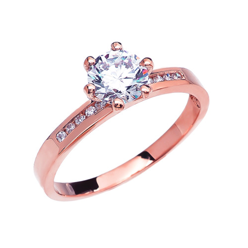Diamond Channel-Set Rose Gold Engagement Solitaire Ring With 1 Carat White Topaz Center stone