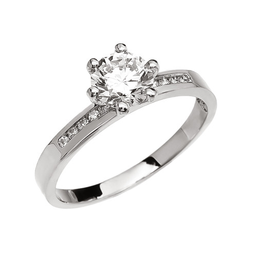 Diamond Channel-Set White Gold Engagement Solitaire Ring With 1 Carat White Topaz Center stone