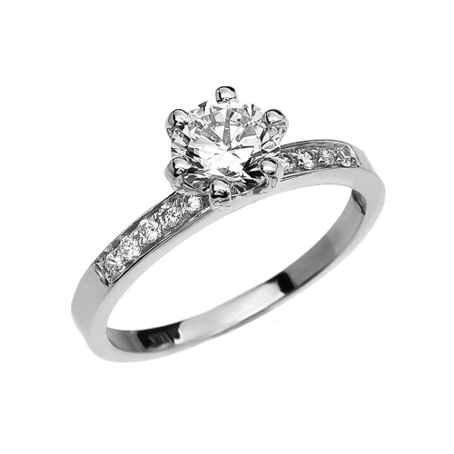 Diamond White Gold Solitaire Engagement Ring With 1 Carat White Topaz Center stone