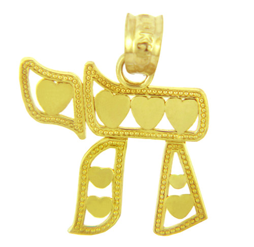Jewish Charms and Pendants - 14K Yellow Gold Chai With Hearts
