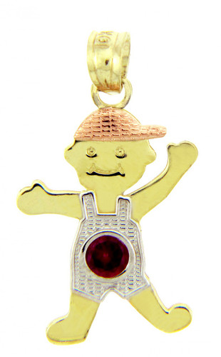 Tri Tone Gold Boy Birthstone Charm w/ CZ Ruby Garnet