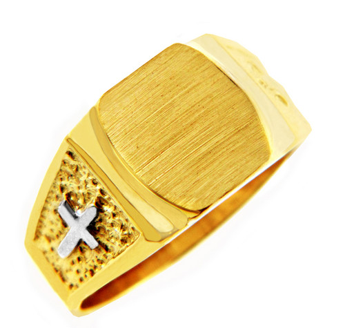 Mens Two-Tone Solid Gold Cross Signet Ring