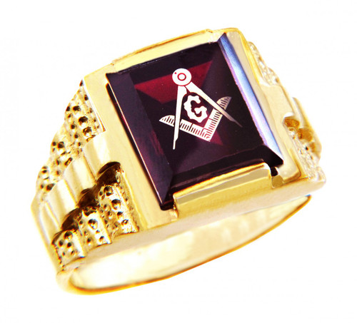 Freemason Red Garnet Square and Compass Gold Masonic Men's Ring