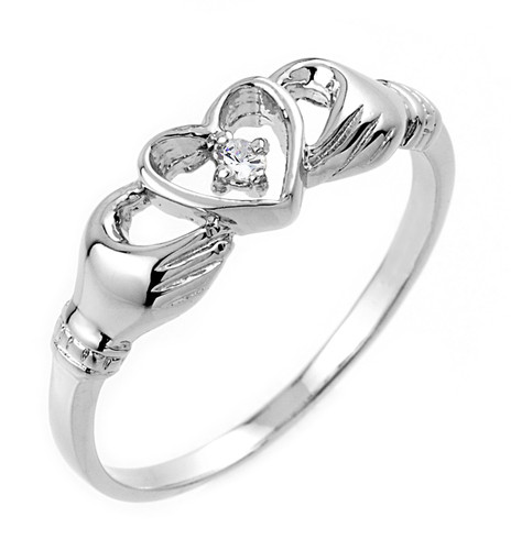 Gold Claddagh Ring - White Gold Claddagh Ring with Diamond